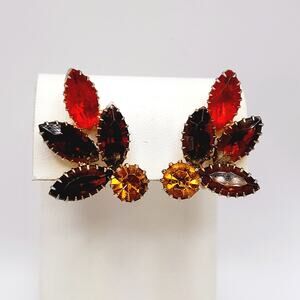 Vintage Fall Rhinestone Earrings Amber Brown Red Clip On Costume Jewelry